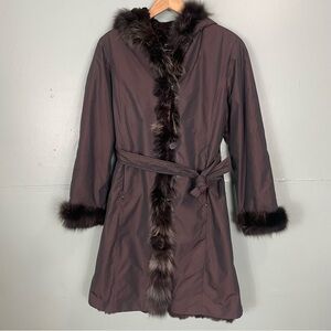 Dana Buchman Brown Taffeta Coat with Rabbit Linning Fox Collar and Cuffs Trim